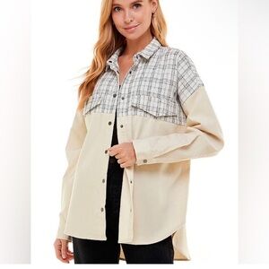 Cream Corduroy and Tweed Long Sleeve Oversized Snaps Down Shacket.